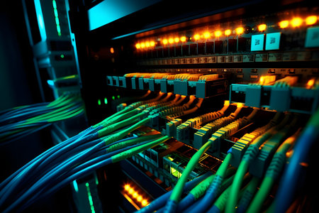 Fiber Optic cables connected to an optic ports in data centerの素材