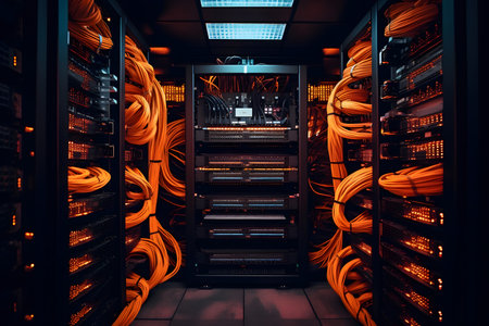 Fiber optic cables connected to network switch in data center roomの素材