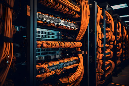 Fiber optic cables connected to network switch in data center roomの素材