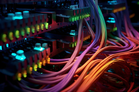 Fiber Optic cables connected to an optic ports in data centerの素材