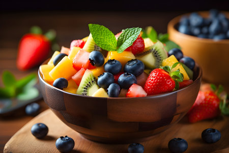 Fruit salad in a bowl on wooden tableの素材