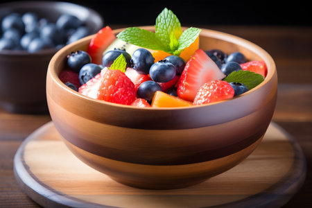 Fresh fruit salad in a wooden bowlの素材