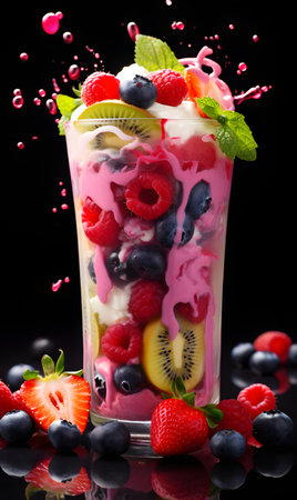 Yogurt with fresh berries in a glass on dark backgroundの素材