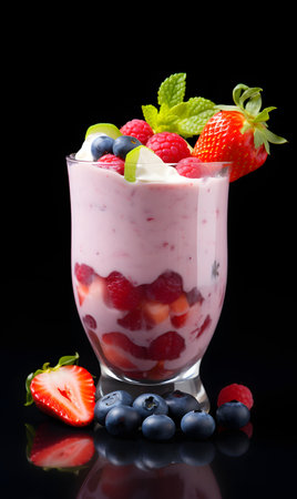 Yogurt with berries in a glass on a black backgroundの素材