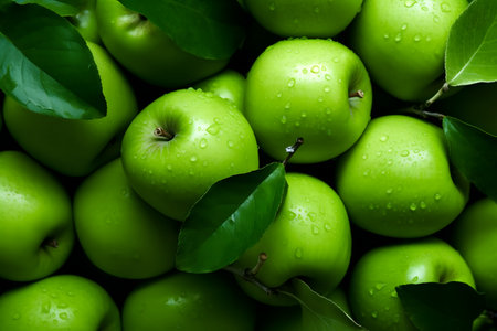 Green apples background with water dropsの素材