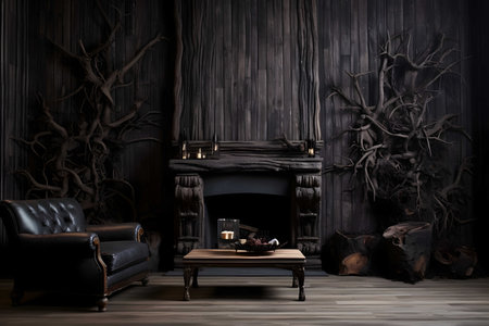 Interior of luxury living room with dark wooden wallの素材