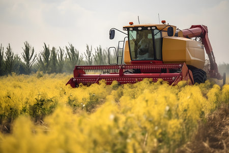 Combine harvester working in a wheat fieldの素材