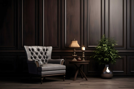 Interior of modern living room with dark wooden wallの素材