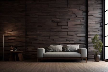 Modern living room interior with wooden wallの素材