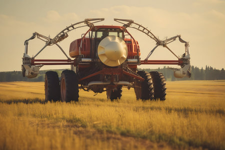 Combine harvester working in a wheat fieldの素材