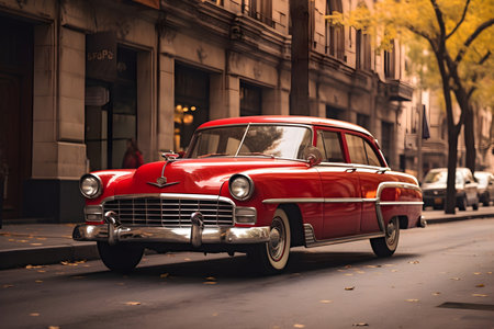 Classic american red car on streetの素材