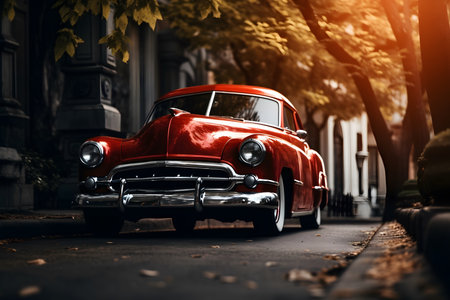 Classic american red car on streetの素材