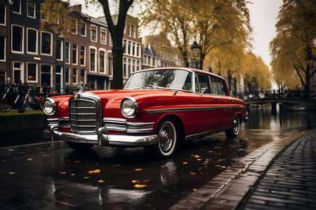 Vintage red car on the roadの素材