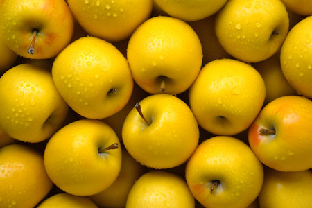 Yellow apples background with water dropsの素材