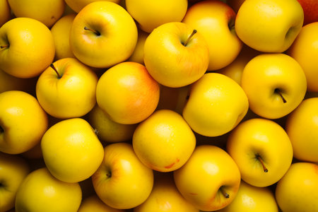 Background of yellow apples, close up, top viewの素材