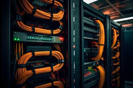 Fiber Optic cables connected to an optic ports in data centerの素材