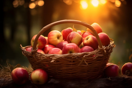 Ripe apples in a basket on a wooden table in the gardenの素材