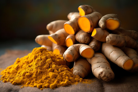 Turmeric powder and fresh turmeric roots on wooden tableの素材