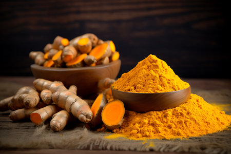 Turmeric powder in bowl on wooden tableの素材