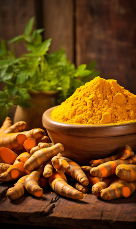 Turmeric powder in bowl on wooden tableの素材