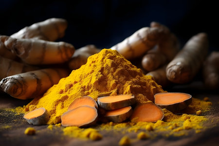Turmeric powder and fresh turmeric roots on wooden tableの素材