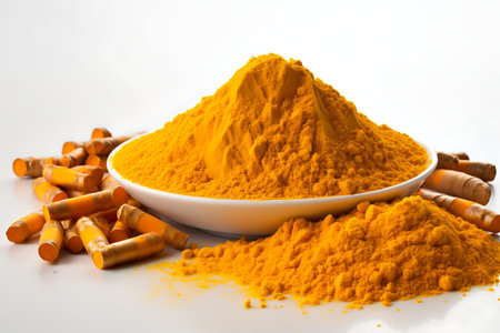 Turmeric powder and fresh turmeric root on white backgroundの素材