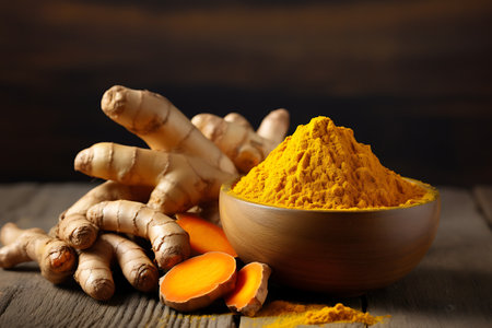 Turmeric powder in bowl on wooden tableの素材