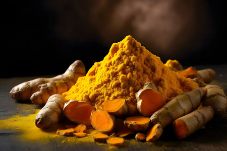 Turmeric powder and fresh turmeric roots on wooden tableの素材