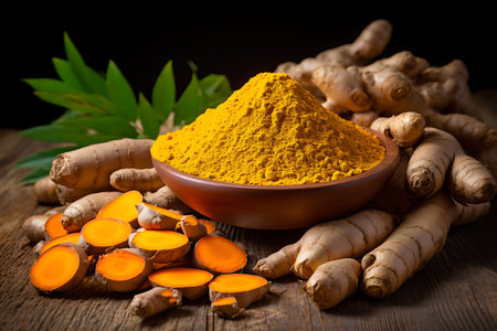Turmeric powder in a bowl and fresh turmeric roots on wooden tableの素材