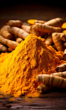 Turmeric powder and fresh turmeric roots on wooden tableの素材