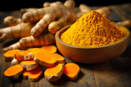 Turmeric powder and fresh turmeric roots on wooden tableの素材