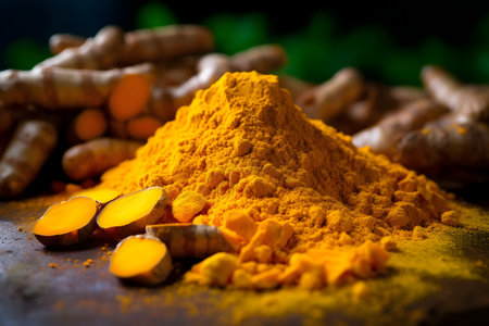 Turmeric powder and fresh turmeric roots on wooden tableの素材