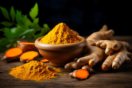 Turmeric powder and fresh turmeric roots on wooden tableの素材