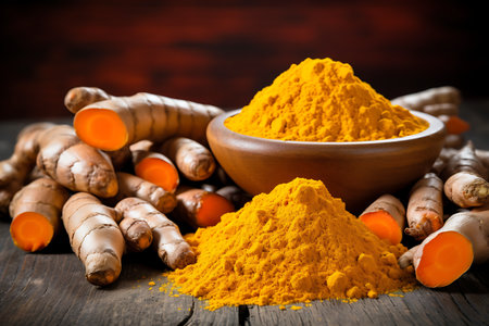 Turmeric powder in a bowl and fresh turmeric roots on wooden tableの素材