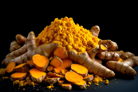 Turmeric powder and fresh turmeric roots on wooden tableの素材