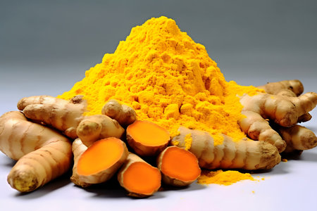 Turmeric powder and fresh turmeric roots on wooden tableの素材