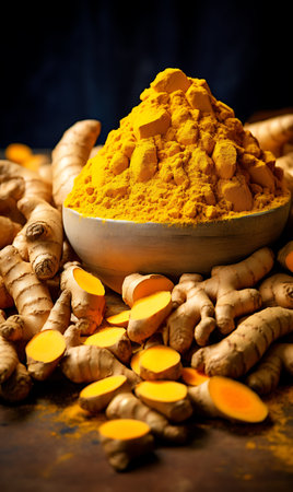 Turmeric powder and fresh turmeric roots on wooden tableの素材