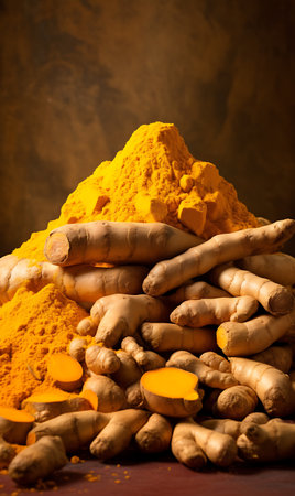 Turmeric powder and fresh turmeric roots on wooden tableの素材