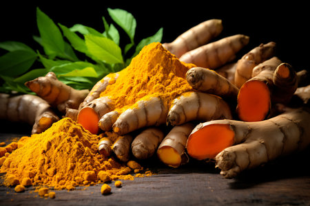 Turmeric powder in bowl on wooden tableの素材