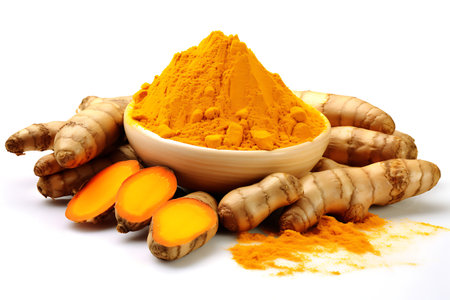 Turmeric powder and fresh turmeric root on white backgroundの素材