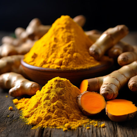 Turmeric powder in a bowl and fresh turmeric roots on wooden tableの素材