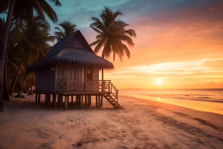 A beach at sunset with a beach hut and palm treesの素材