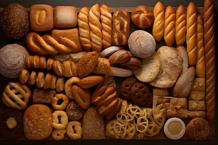Assortment of baked bread. Bakery products backgroundの素材