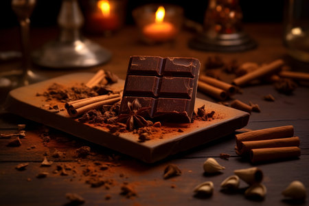 Broken chocolate bar with cocoa powderの素材