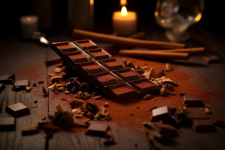 Chocolate bar with cocoa powder and cinnamon sticks on a wooden tableの素材