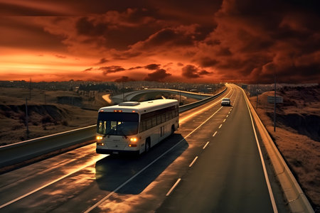 Bus on the highway in the city at sunsetの素材