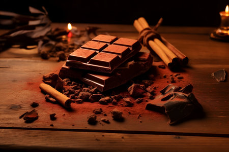 Chocolate bar with cocoa powder and cinnamon sticks on a wooden tableの素材