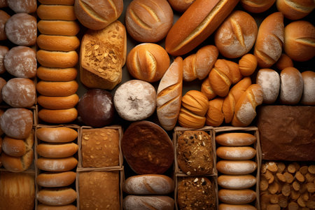 Assortment of baked bread. Bakery products backgroundの素材