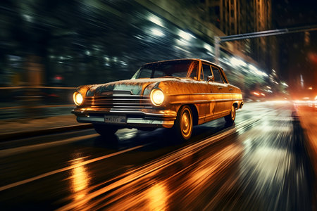 Old car on the road in the city at night with motion blurの素材