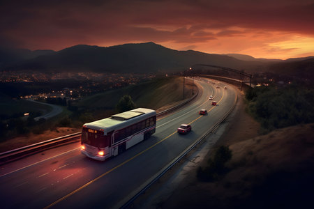 Bus on highway at sunset. Travel and transport conceptの素材